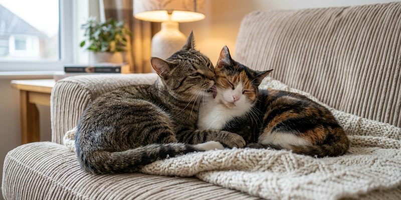 Dos gatos tumbados juntos en el sofá mientras uno lame el cuello del otro