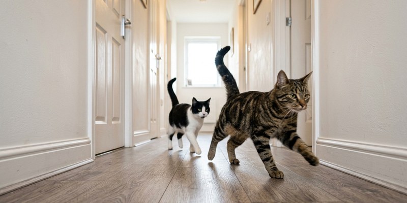 Dos gatos corriendo uno detrás de otro por un pasillo con las colas levantadas