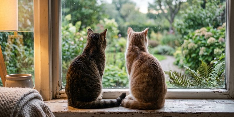 Dos gatos comiendo pienso hombro con hombro de dos cuencos colocados juntos en la cocina