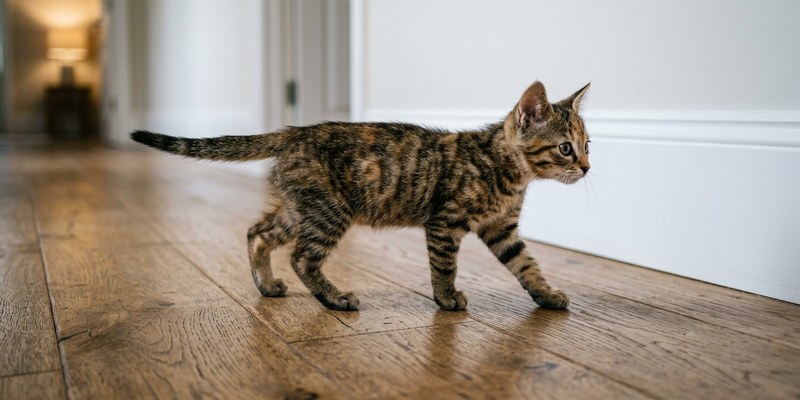 kitten walking on wooden