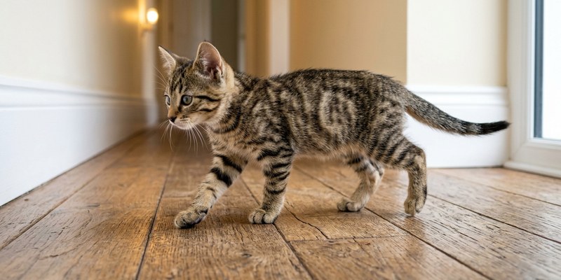 kitten walking on wooden