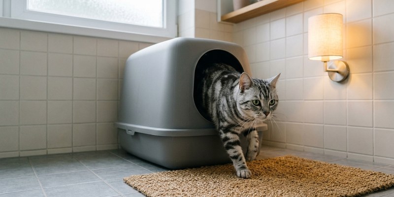 gato saliendo arenero
