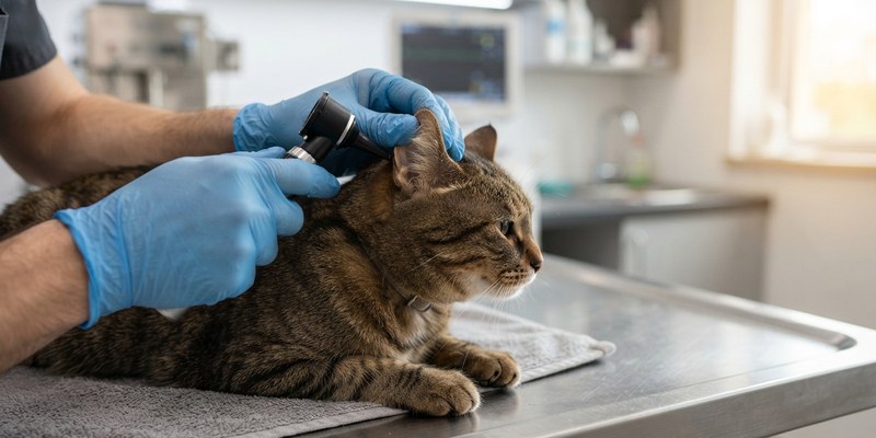 Manos enguantadas de un veterinario examinando la oreja de un gato atigrado marrón