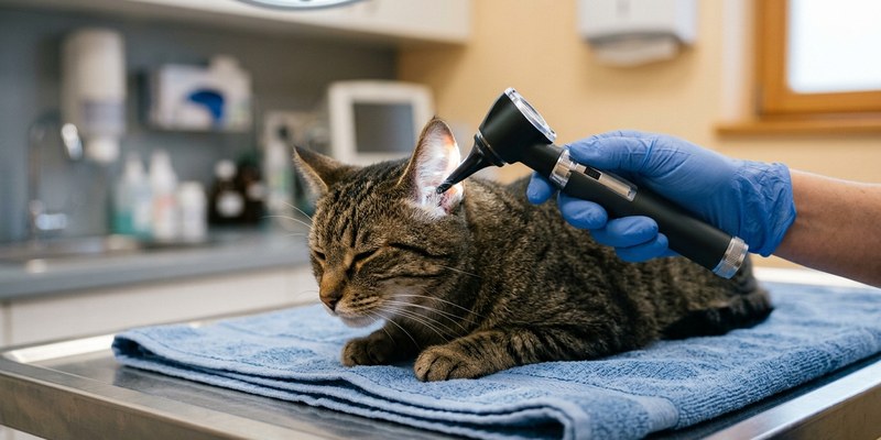 Mano enguantada acercando un otoscopio a la oreja de un gato en la mesa de exploración