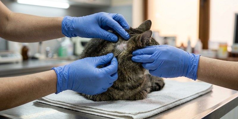 Manos con guantes separan el pelo de la cabeza de un gato en la consulta