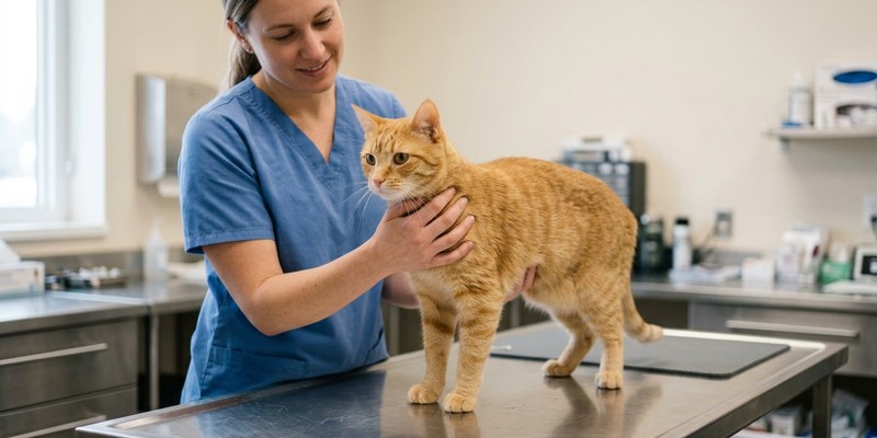 Gato naranja tranquilo sobre una mesa de exploración mientras un veterinario le sujeta el pecho