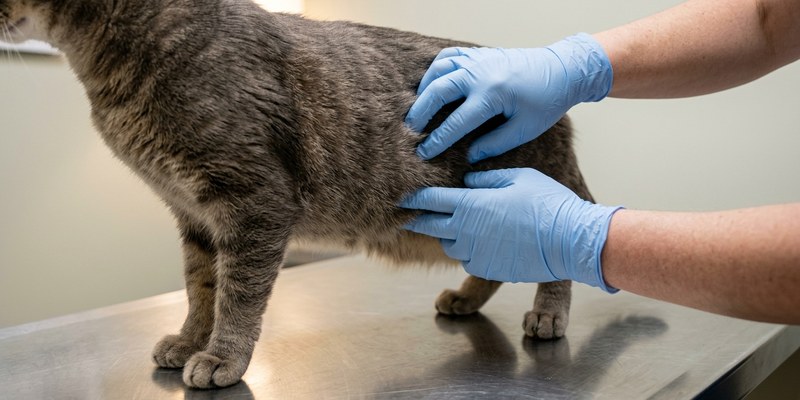 Manos enguantadas de un veterinario palpando el costado de un gato sobre la mesa