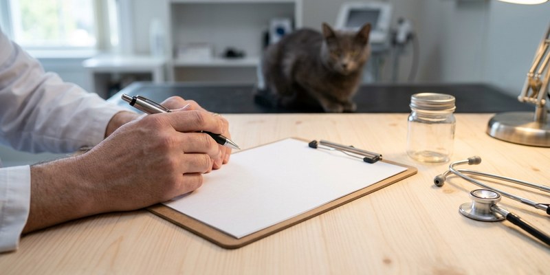 Manos de veterinario con un bolígrafo sobre una hoja en blanco y un gato al fondo
