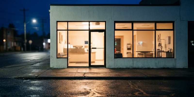 Clínica veterinaria de barrio de noche con la luz cálida saliendo por el escaparate