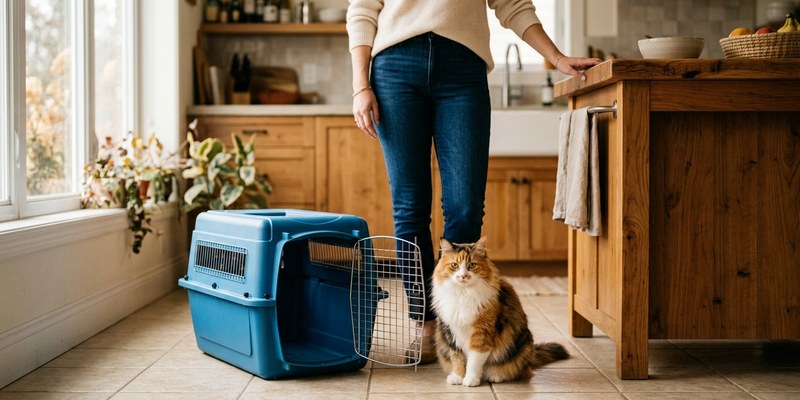 Mujer sin rostro visible hablando por teléfono junto a un transportín abierto y un gato