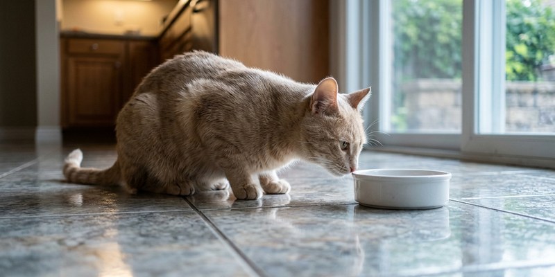 cat sniffing white dish