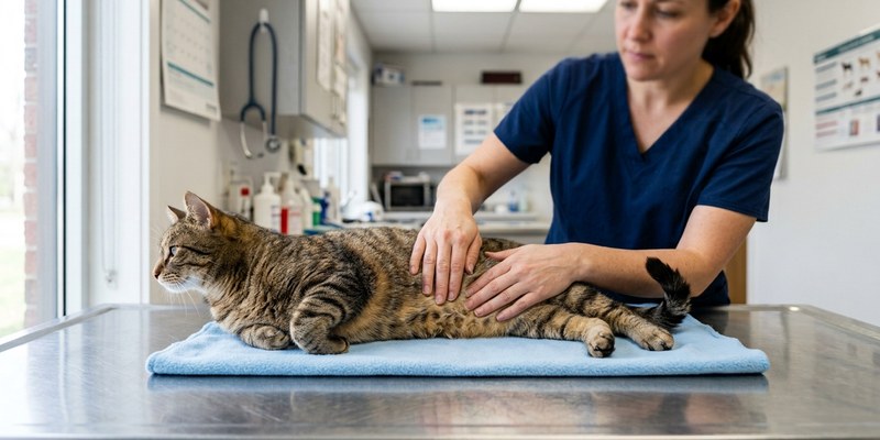 vet palpating cat abdomen