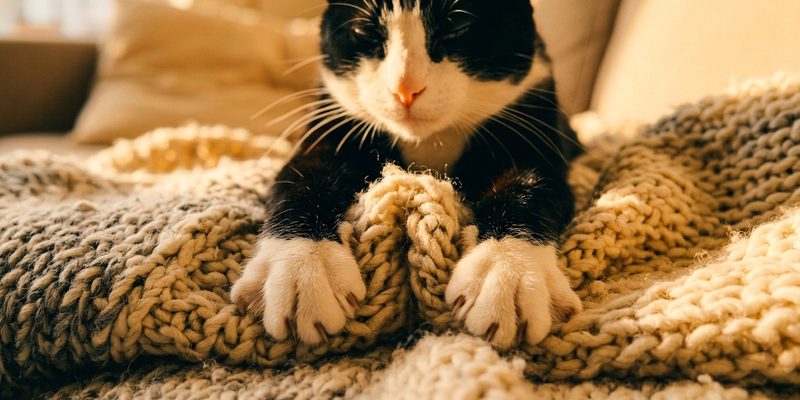 cat kneading knitted blanket