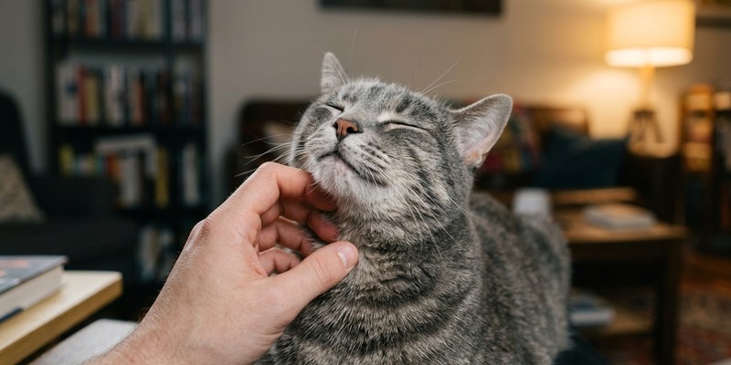 hand scratching cat chin